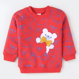Kookie Kids Full Sleeves Winter Wear Bear Printed Sweatshirt with Bow Detailing & Text Print Lounge Pants Set - Red & Black image 2