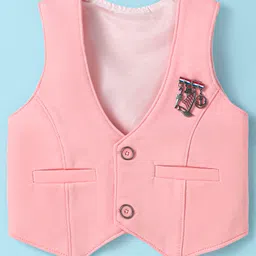 Dapper Dudes Full Sleeves Abstract Printed 3 Piece Party Suit Set With Cap & Bow Set - Peach image 2