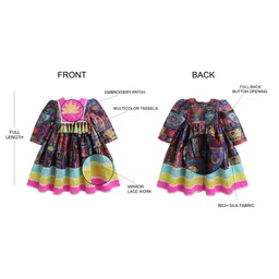 TINY MINY MEE Silk Full Puffed Sleeves Floral Printed Mirror Work & Tessels Embellished Dress With Headband - Multi Colour image 3