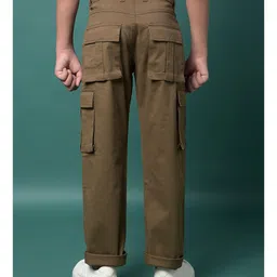 CRIMSOUNE CLUB Cotton Woven Solid Cargo Trousers - Brown image 3
