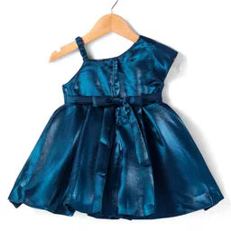 Babyhug Woven One Shoulder Sleeves Solid Colour Pleated Party Frock with Bow Applique- Navy Blue image 3