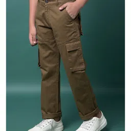 CRIMSOUNE CLUB Cotton Woven Solid Cargo Trousers - Brown image 4