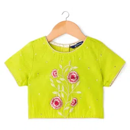 Pine Kids Woven Half Sleeves Floral Embroidered Choli with Foil Printed Lehenga & Dupatta Set - Pink & Limegreen image 3