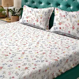 Arrabi Off White & Pink Floral 300 TC King Bedsheet with 2 Pillow Covers image 5