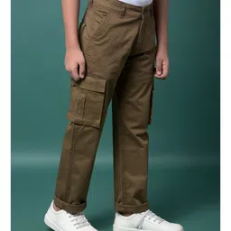 CRIMSOUNE CLUB Cotton Woven Solid Cargo Trousers - Brown image 5
