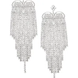 OOMPH Silver Crystal Statement Heart Design Long Dangler Earrings image 2