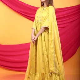 monk and mei Monk & Mei Zunera Long Anarkali Kurta with Dupatta Set-Canary Yellow image 2