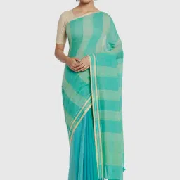 Fabindia Blue & Green Cotton Woven Saree-image-60