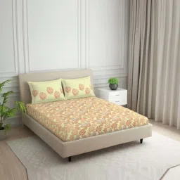 Spaces Tropica Light Yellow & Red 100% Cotton 132 TC Double Bedsheet with 2 Pillow Covers image 2