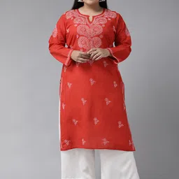 ADA Women Plus Size Red & White Ethnic Motifs Pure Cotton Chikankari Embroidered Kurta-picture-10