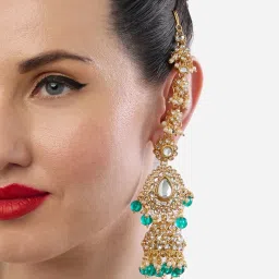 Zaveri Pearls Green Peacock Beads Dazzling Kundan Statement Jhumka Earring with Ear Chain image 2