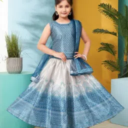 Aarika Kids Blue & Yellow Printed Lehenga, Choli, Dupatta with Unstitched Sleeves-picture-19