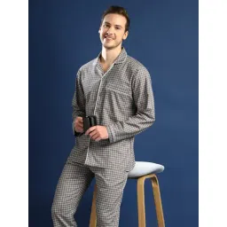Hancock Grey Cotton Relaxed Fit Checks Sleepwear image 3