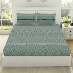 Spaces Geospace Geometric Teal 144 TC Cotton King Bedsheet With 2 Pillow Covers-image-32