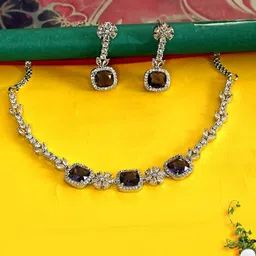 Gemron Jewel Rhodium-Plated Cubic Zirconia & American Diamond Studded Jewellery Set-picture-13