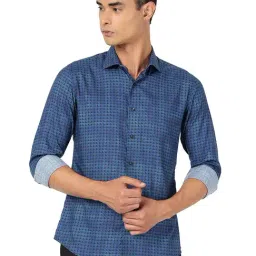 JB Studio Peacock Blue Cotton Slim Fit Geometric Shirt-image-77