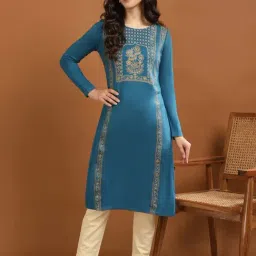 Rangita Blue Floral Print Straight Winter Kurti-image-19