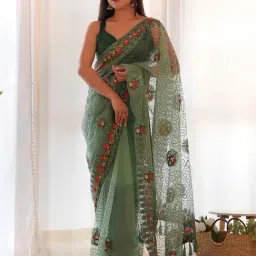 Saree Mall Green Embellished Sarees With Unstitched Blouse-image-9