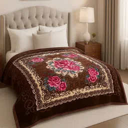 Aura Brown & Pink Floral Mink Mild Winter 500 GSM Double Bed Blanket-picture-35