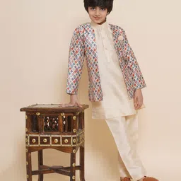 AJ Dezines Full Sleeves Solid Kurta & Pyjama With Seamless Motif Printed & Striped Designed Thread Work Detailed Jacket - Beige-picture-14