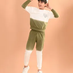 Lilpicks Couture Full Sleeves Placement ATHL Team Text Printed Colour Blocked Terry Fleece Sweatshirt & Joggers Set - Cream & Olive Green-image-10