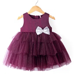 Babyhug Sleeveless Party Wear Fit and Flare Frock with Bow - Maroon-image-54
