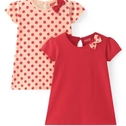 Babyhug Cotton Knit Half Sleeves Frock with Polka Dots Print & Bow Applique Pack of 2 -Multicolour image 1