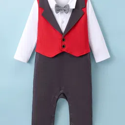 Mark & Mia Full Sleeves Solid Colour Romper with Attached Bow & Waistcoat - Red & White-picture-22