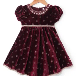 Babyhug Woven Velvet Puffed Sleeves Foil Printed Embroidered Ethnic Dress - Maroon-picture-20