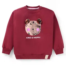 Little Kangaroos Cotton Knit Full Sleeves Sweatshirt with Foil Print & Pom Pom Applique - Dark Red-picture-20