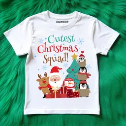KNITROOT Christmas Theme Half Sleeves Cutest Christmas Squad Text Printed Tee - White-picture-15