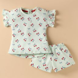 ToffyHouse Knitted Half Sleeves Co-Ord Top & Shorts Set With Cherry Print - Light Green-picture-26