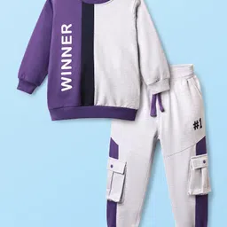 Mark & Mia Terry Knit Full Sleeves Cut & Sew Text Printed Winter Wear Suit with Cargo Pockets - Purple-picture-29