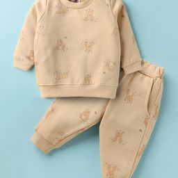 Zero Fleece Knit Full Sleeves Bear Printed Winter Co-Ord Night Suit - Cream-picture-1