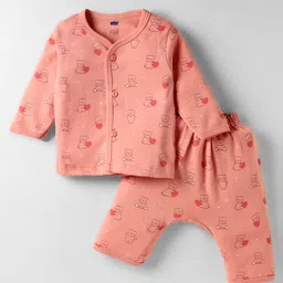 Simply Interlock Knit Full Sleeves Front Open Co-Ord Night Suit with Teddy Print - Pink-image-72