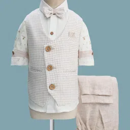 Rikidoos Full Sleeves Checked & Leaves Printed 3 Piece Party Suit With Bow Set - White & Beige-picture-23
