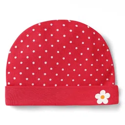 Babyhug 100% Cotton Knit Cap Mittens & Booties With Polka Dot & Floral Print - Red image 2