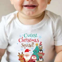 KNITROOT Christmas Theme Half Sleeves Cutest Christmas Squad Text Printed Tee - White image 5