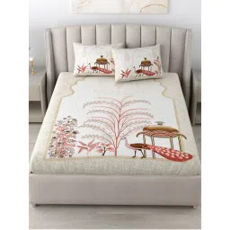 JAIPUR FABRIC 180 Tc Cotton Printed King Bedsheet With Two Pillow Covers For Double Bed Off White-picture-34