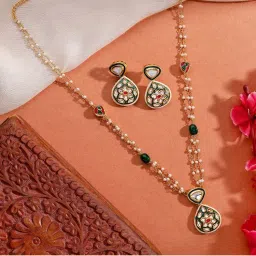 AARSEE OFFICIAL 22Kt Gold-Plated Green Jadau Kundan Pearl Necklace with Earrings-image-41