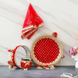 eCraftIndia Red Karwa Chauth Pooja Thali with Plate, Chalni, Lota & Chunri image 1