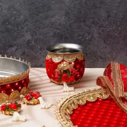 eCraftIndia Red Karwa Chauth Pooja Thali with Plate, Chalni, Lota & Chunri image 2