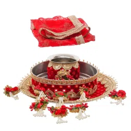 eCraftIndia Red Karwa Chauth Pooja Thali with Plate, Chalni, Lota & Chunri image 3