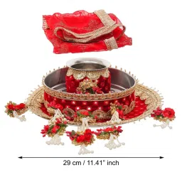 eCraftIndia Red Karwa Chauth Pooja Thali with Plate, Chalni, Lota & Chunri image 4
