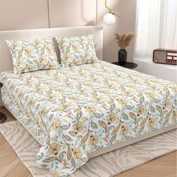 Myntra Elegant Homes White & Green Floral 220 TC King Bedsheet with 2 Pillow Covers-picture-46