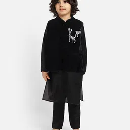 Piccolo Full Sleeves Kurta With Pajama & Embellished Jacket - Black-picture-19