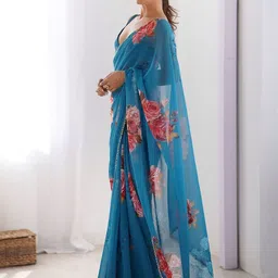 KALINI Floral Printed Pure Georgette Jamdani Saree With Unstitched Blouse Piece image 3