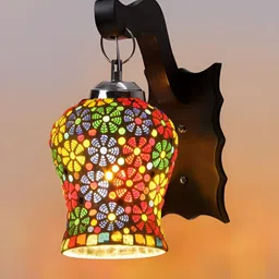 Devansh Brown & White Textured Traditional Wooden Wall Lamp image 4