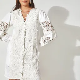 The Label Life Women V-Neck Pure Cotton Cuffed Sleeves Self Design Shirt Dress-picture-14