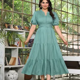 Sadhnazon Puff Sleeve A-Line Midi Dress-image-8